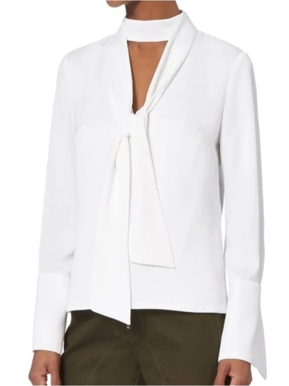 Intermix Exclusive  White Choker Tie Neck Blouse Wide Bell Cuff Chic Small